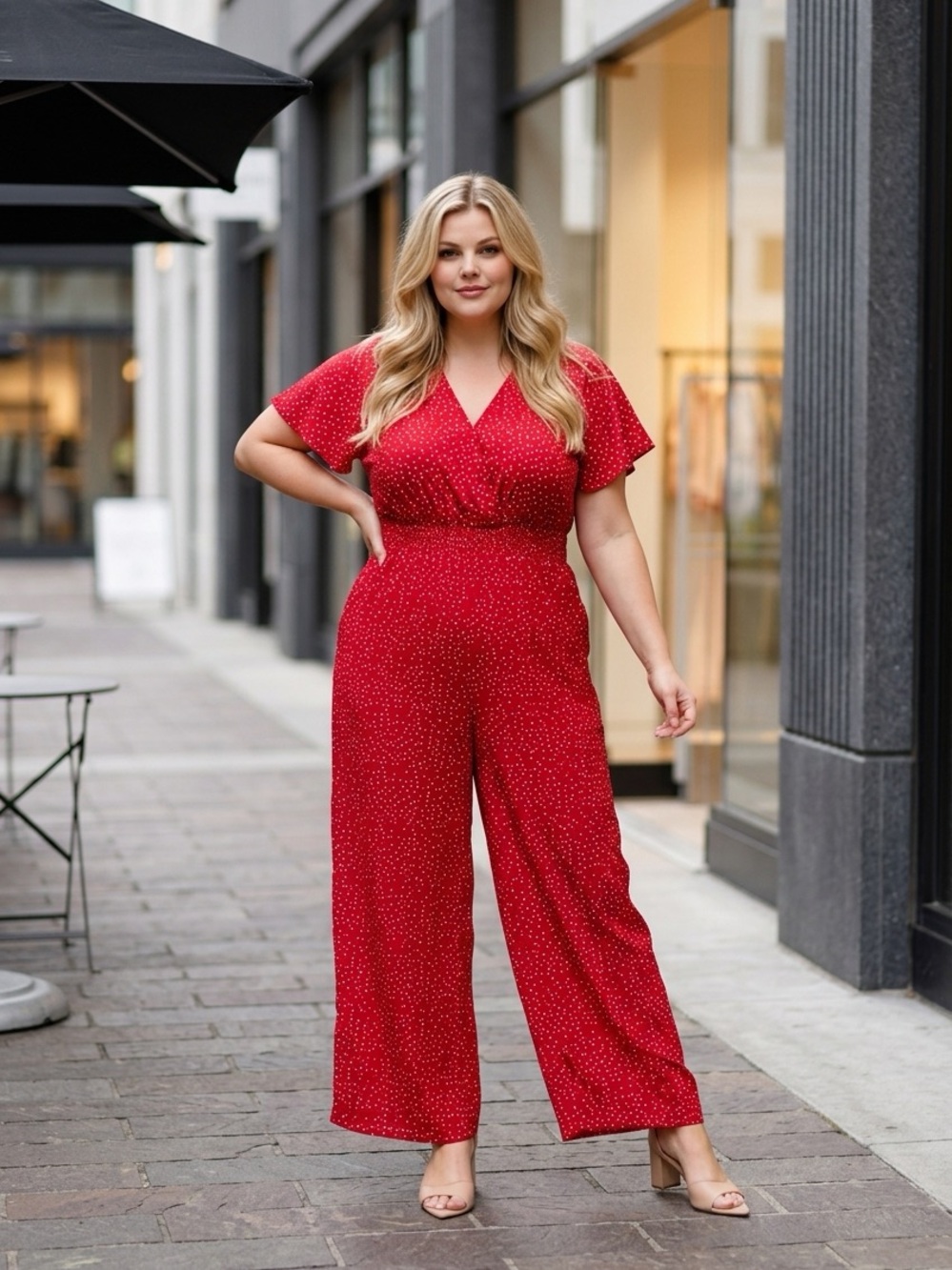 Plus Size Red Polka Dot Wide-Leg Jumpsuit